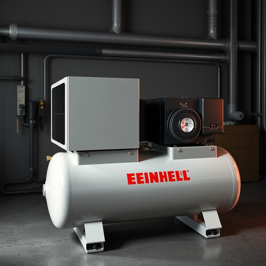 Bir garajda Einhell TC-AC 190/24/8 kompresörün yanında çeşitli havalı aletler (zımba