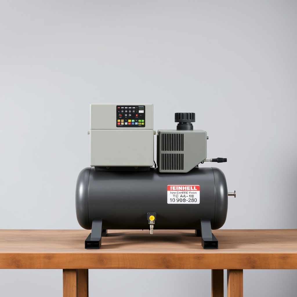 A clean overview photo of the Einhell TC-AC 190/24/8 compressor sitting on a workshop benc