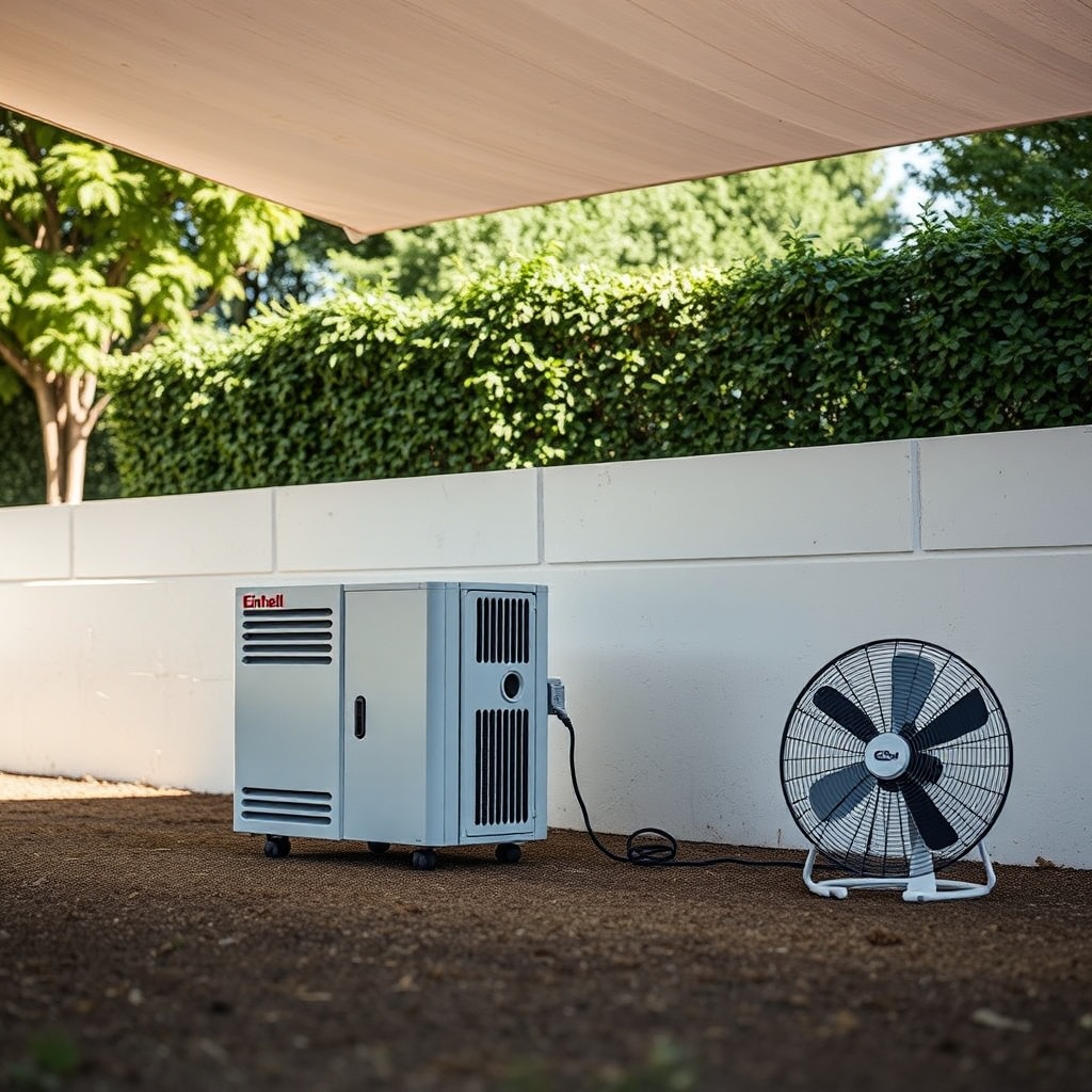 A photorealistic scene showing the Einhell TC-AC 190/24/8 placed in a shaded outdoor area