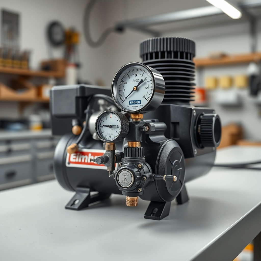 close-up of Einhell TC-AC 190/24/8 compressor with pressure gauge and valves