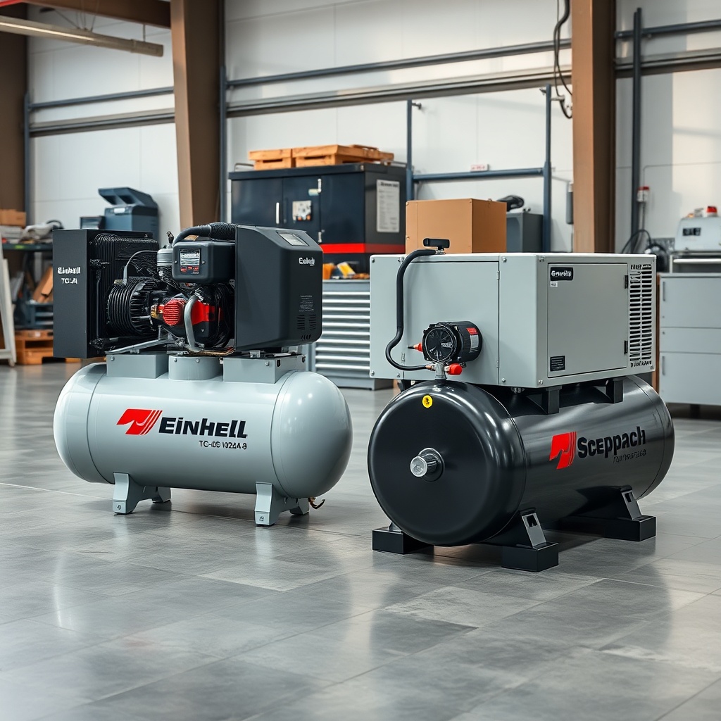 side-by-side comparison of Einhell TC-AC 190/24/8 and Scheppach HC24 compressors on a work