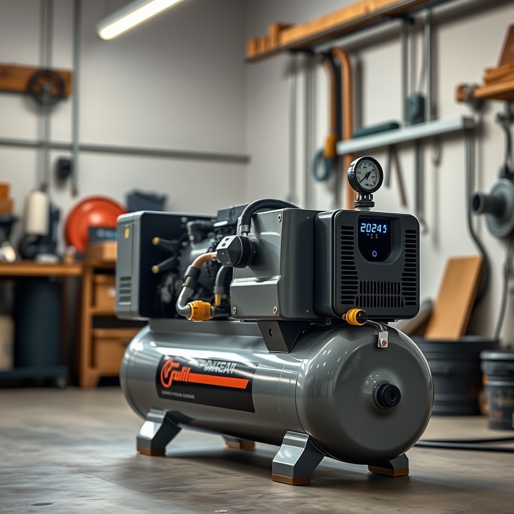 <photo of a modern 2024 model air compressor in a workshop