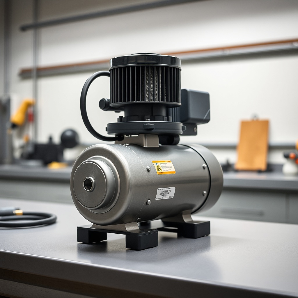 <photo of an oil-free piston compressor with a clear air filter and a compact design