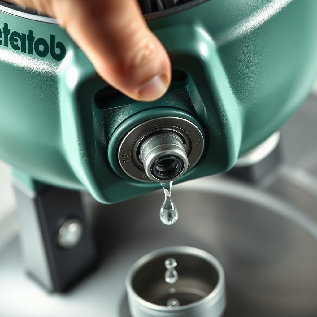 Close-up photorealistic photo of hand turning the drain valve at the bottom of a Metabo H