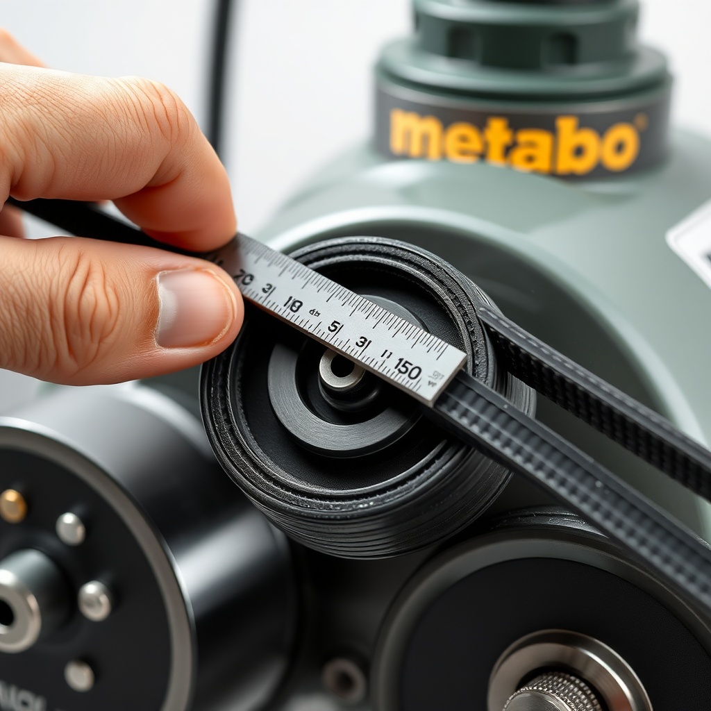 Photorealistic macro shot showing a V-belt on a Metabo compressor pulley with a ruler meas