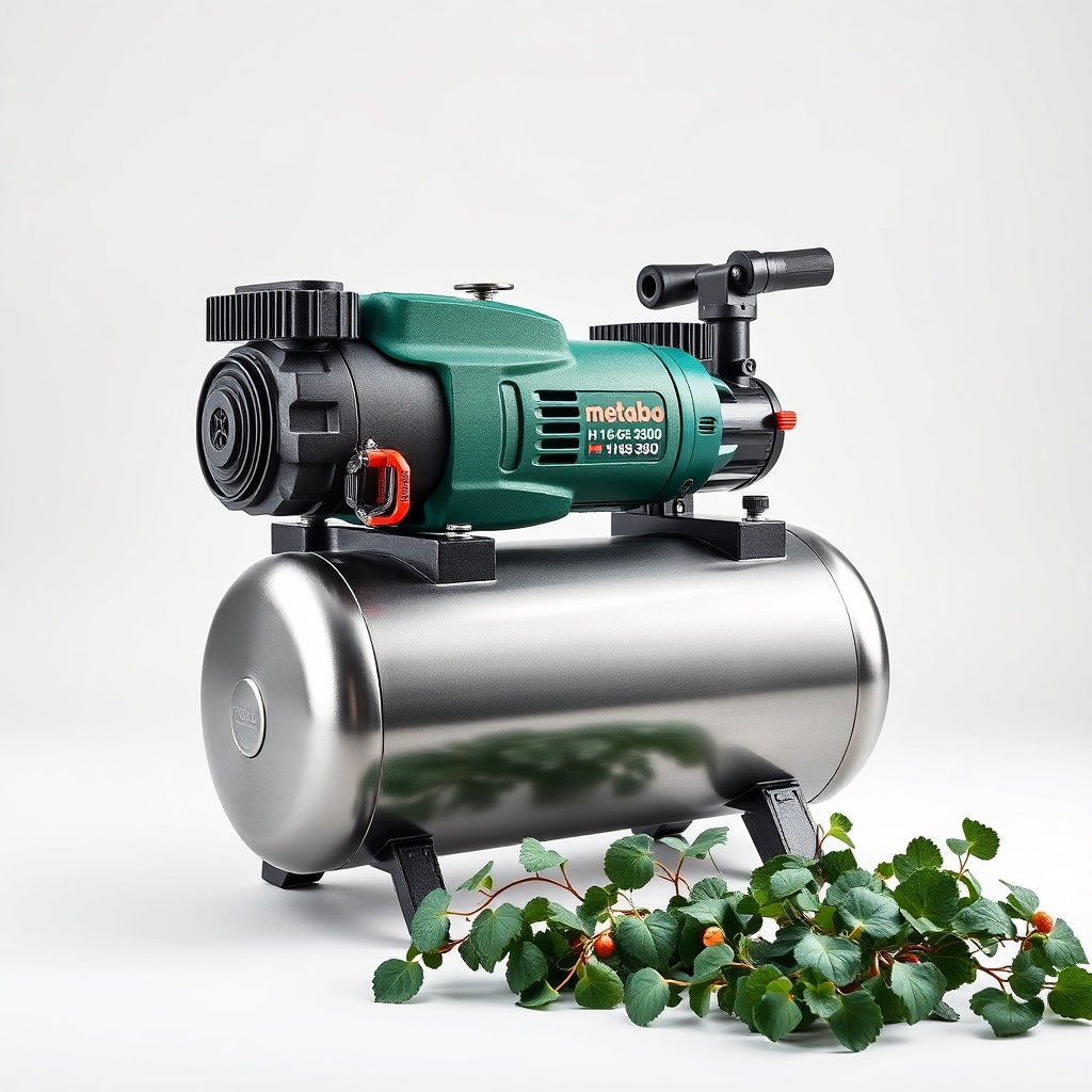 Metabo H 16-350 Inox kompresörün yanına yerleştirilmiş çeşitli havalı aletler (boya tabanc