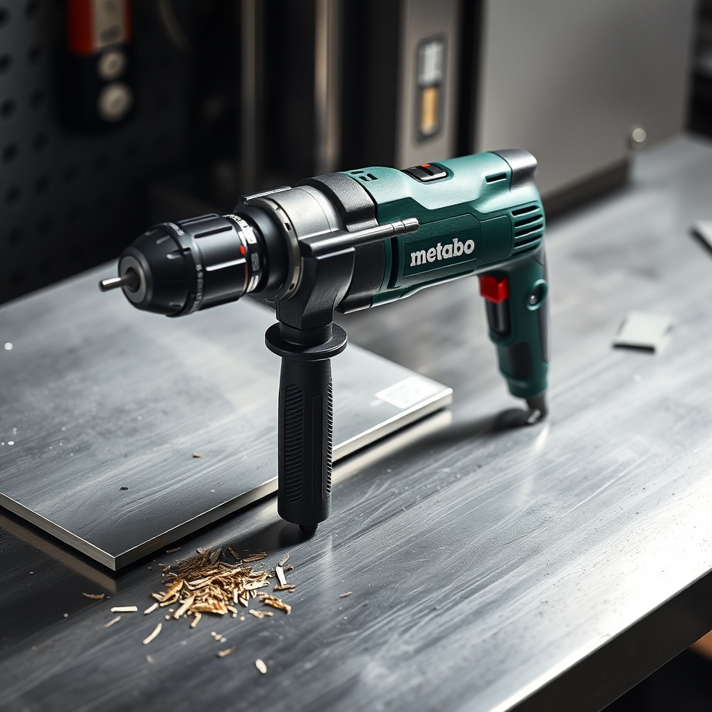 A photorealistic photo of a Metabo H 16-350 Inox drill placed on a metal workbench