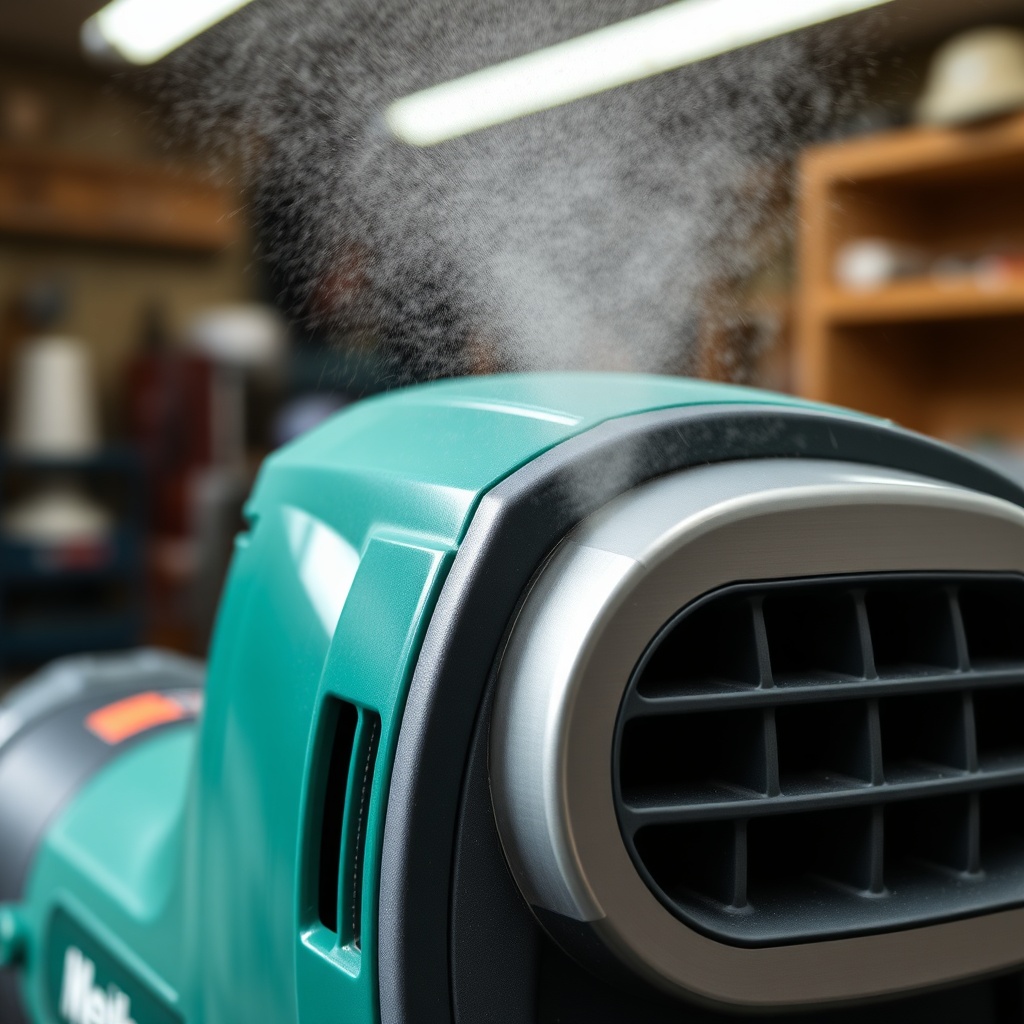 A photorealistic close-up photo of the Metabo H 16-350 Inox's ventilation grilles with com
