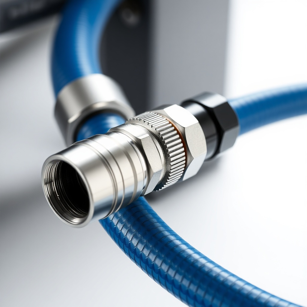 Close-up of a new high-quality air hose with quick-connect coupler attached to the Schulz