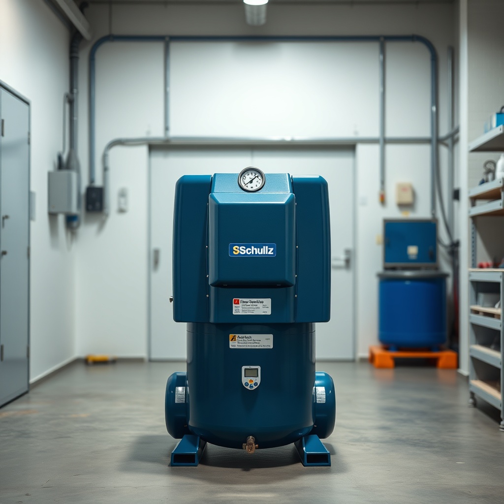 <A photorealistic 16:9 studio shot of the Schulz MST 20/200 24 LT compressor in a clean wo