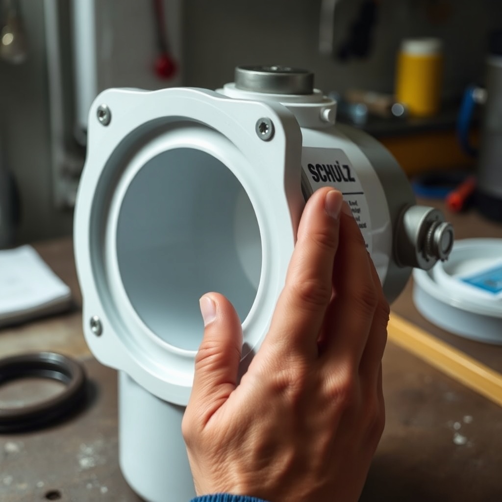 <clean photorealistic photo of a hand inspecting a clean Schulz MST 20/200 24 LT moisture