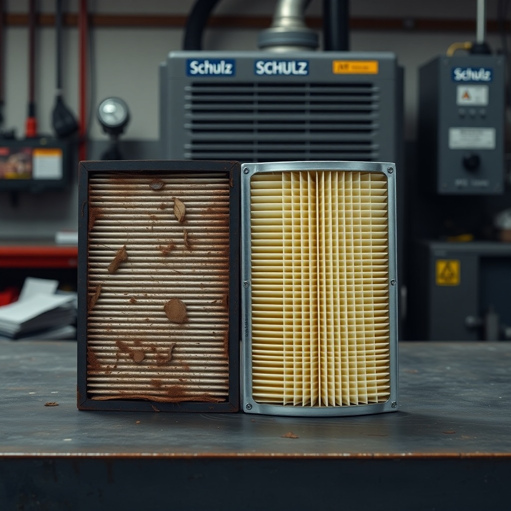 A photorealistic image of a dirty air filter next to a clean one on a workbench