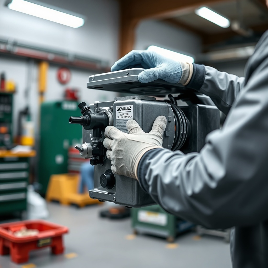 <clean photorealistic photo of Schulz MST 20/200 24 LT being inspected by a mechanic with
