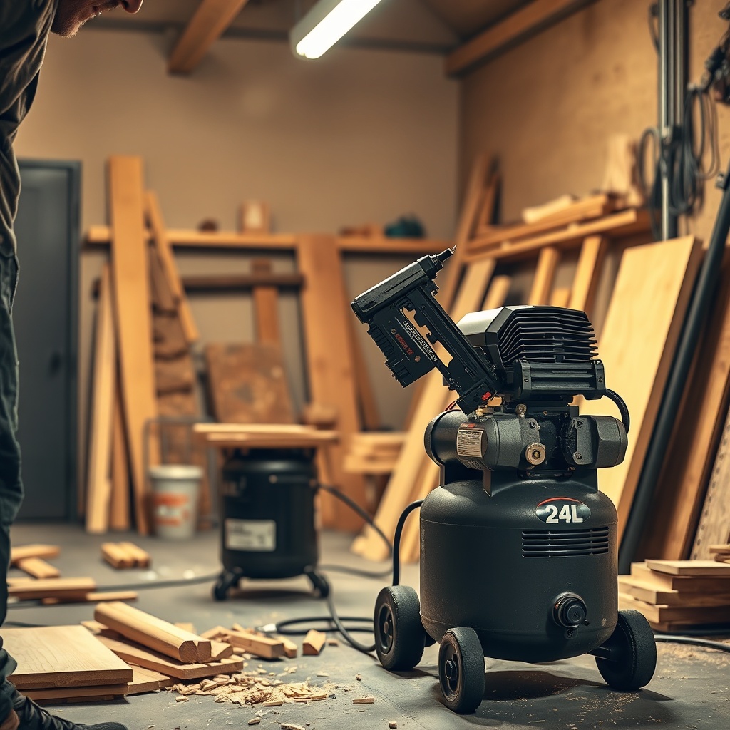 A photorealistic shot of a person using a nail gun connected to a 24L air compressor in a